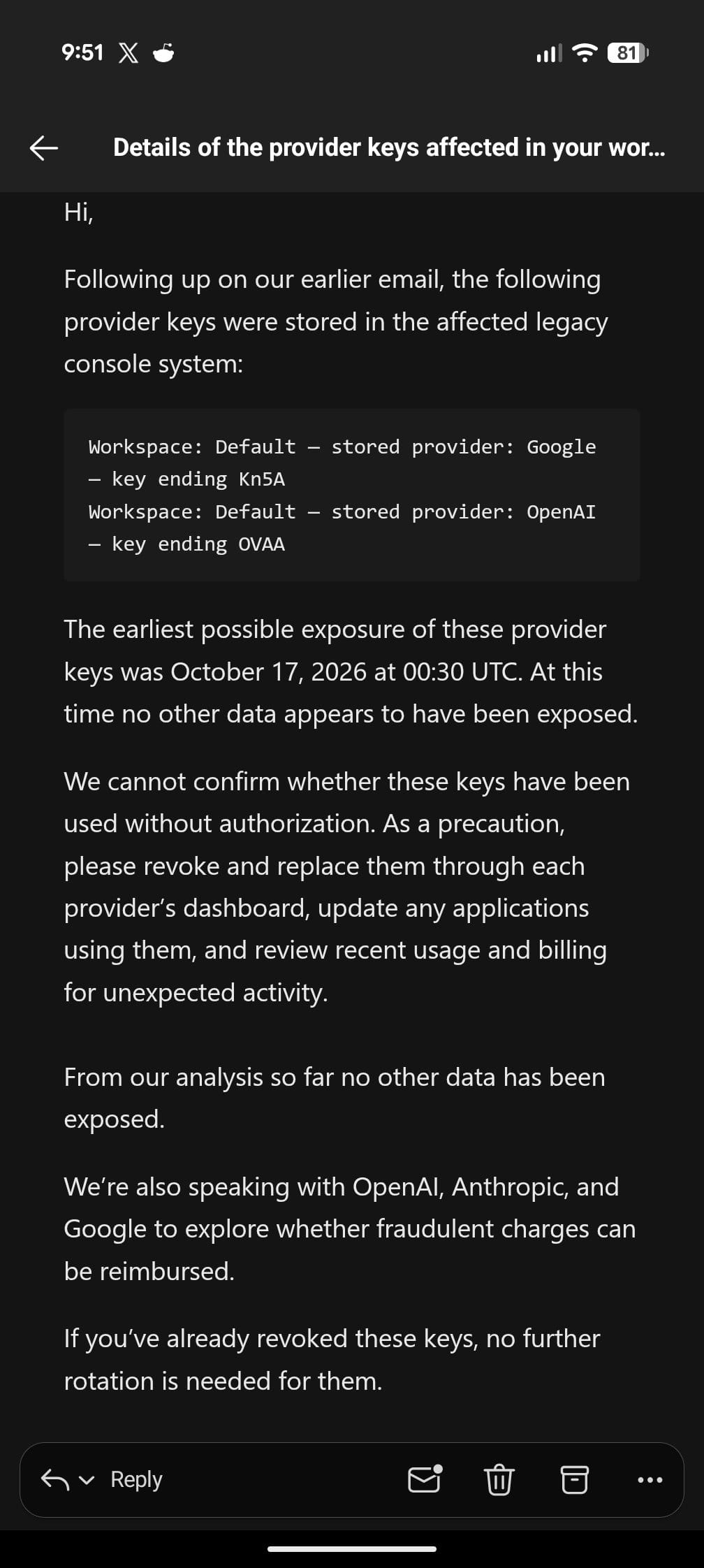OpenCode's email to affected Console users warning that third-party provider keys may have been exposed (screenshot via BleepingComputer)