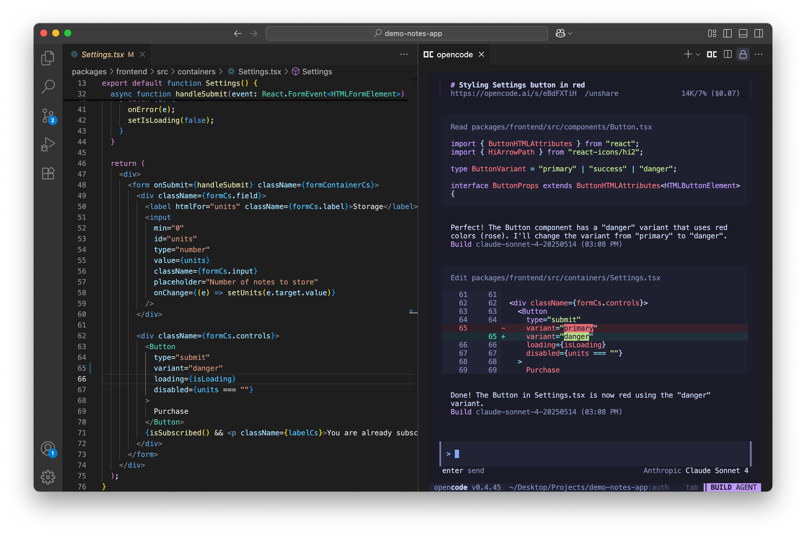 OpenCode running inside VS Code, the open-source agent that OpenCode says was not affected by the Console breach