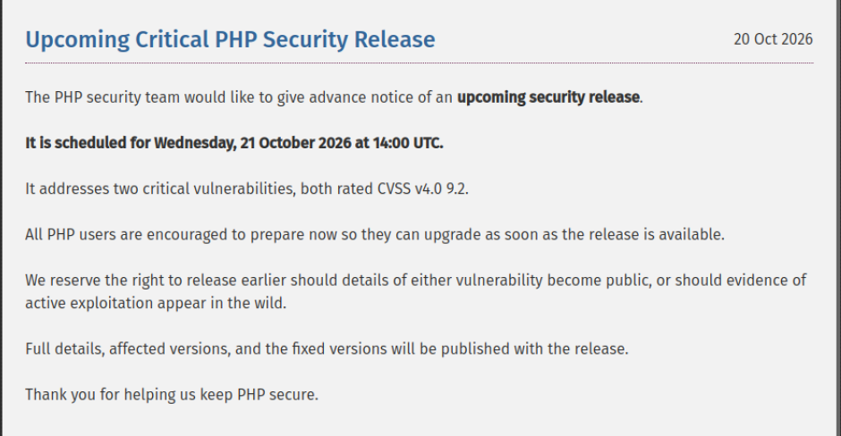 The Upcoming Critical PHP Security Release notice on php.net, dated 20 October