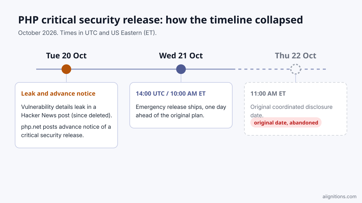 Timeline of the PHP disclosure: original Thursday date, the leak, the php.net notice and the Wednesday release
