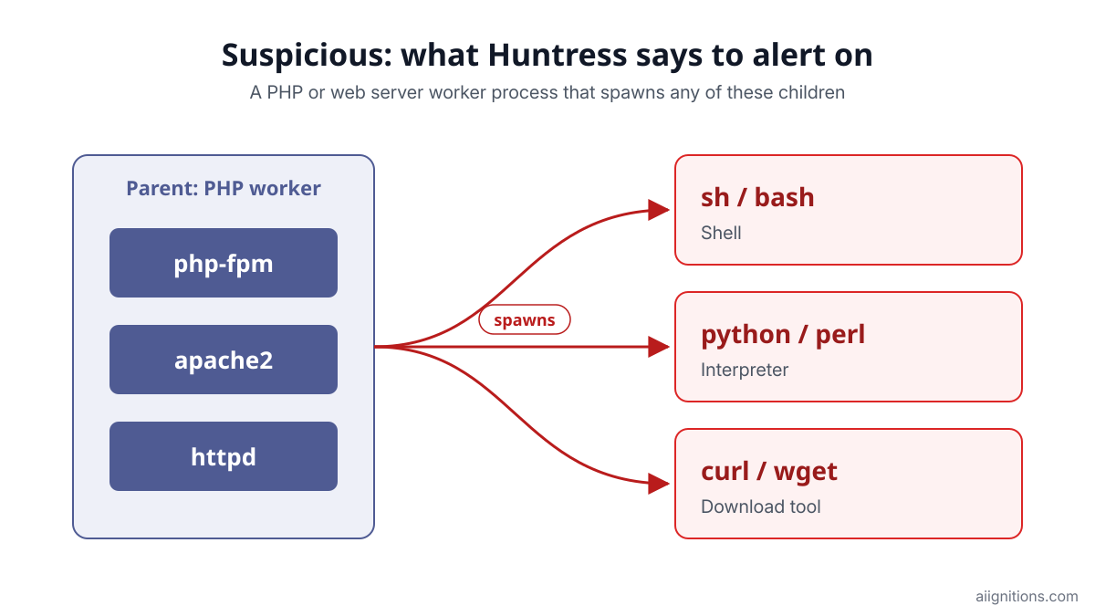 Process tree showing a PHP worker such as php-fpm spawning a shell and a download tool, the pattern Huntress says to watch for