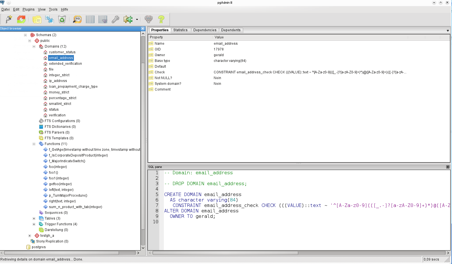 pgAdmin interface with the object browser open on a PostgreSQL database