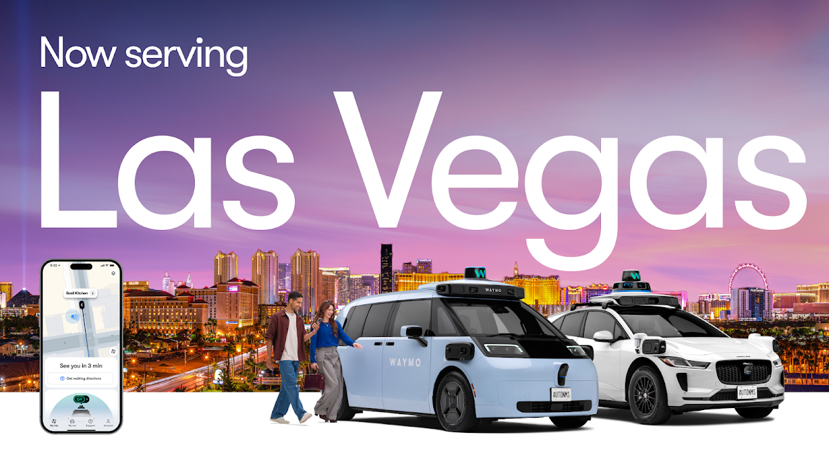 Waymo 'Now serving Las Vegas' launch image showing the Ojai against the Strip skyline at dusk