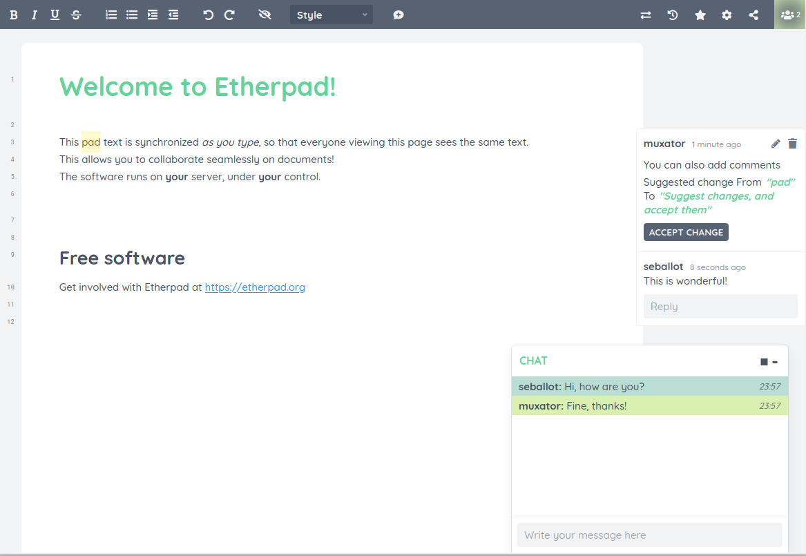 Etherpad collaborative text editor showing a shared document with comments